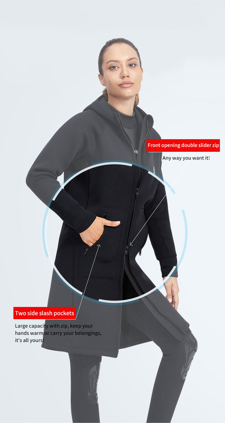 3mm Men's and Women's All-in-one Diving Long Trench Coat Waterproof Cold Proof Sun Proof Hooded Diving Jacket Neoprene Surf