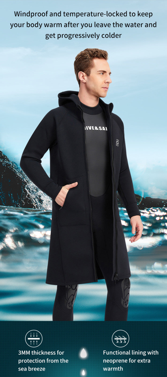 3mm Men's and Women's All-in-one Diving Long Trench Coat Waterproof Cold Proof Sun Proof Hooded Diving Jacket Neoprene Surf