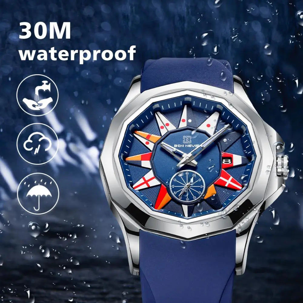 BEN NEVIS 2021 New Creative Nautical Flag Quartz Watch Men Calendar Military Sport Soft Silicone Strap Waterproof Clock Relogio