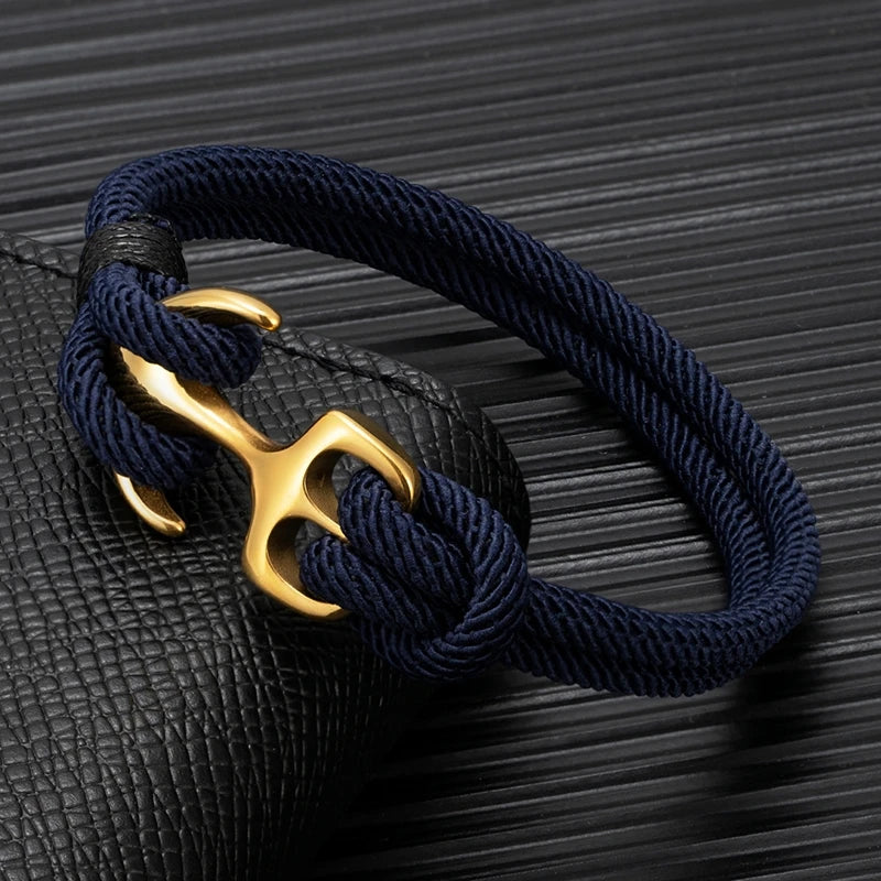 MKENDN 18K Plated Anchor Bracelets Men Double strand Nautical Survival Rope Paracord Bracelet Women Stainless Steel Sport Buckle