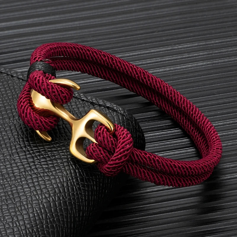 MKENDN 18K Plated Anchor Bracelets Men Double strand Nautical Survival Rope Paracord Bracelet Women Stainless Steel Sport Buckle