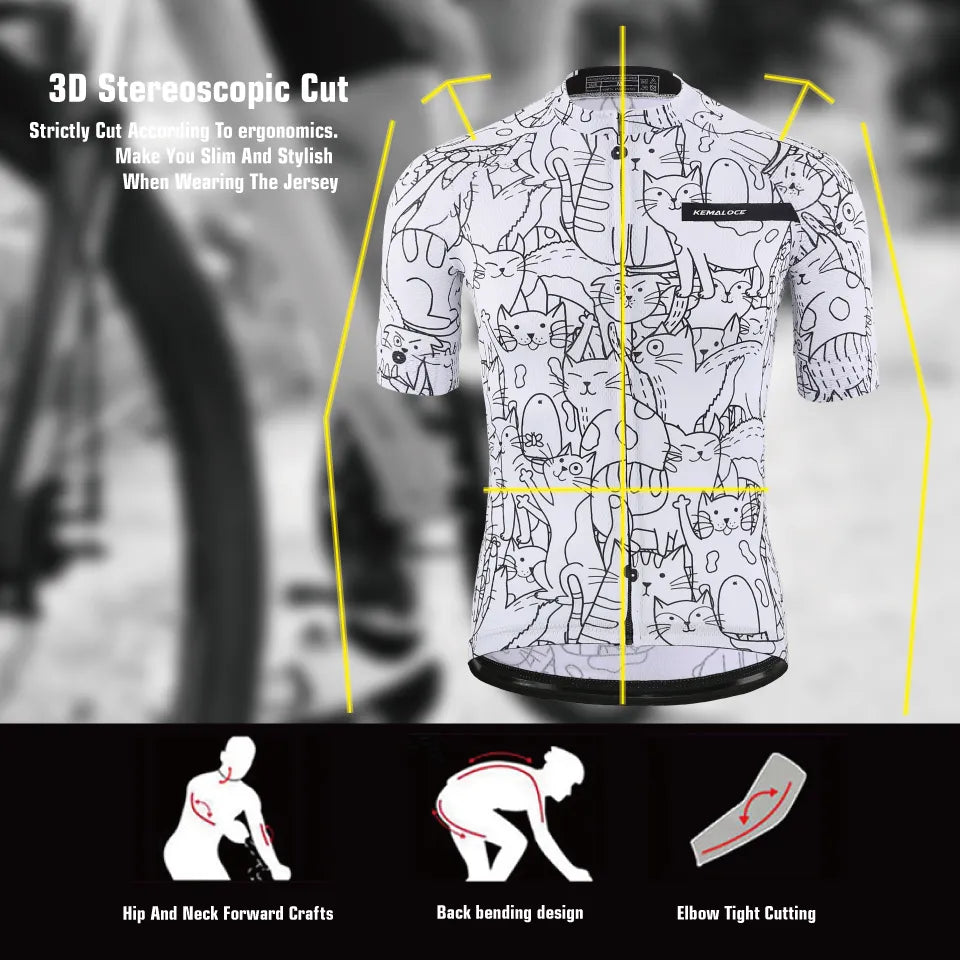 Kemaloce respirável unissex branco dos desenhos animados gato camisa de ciclismo primavera anti-pilling eco-friendly bicicleta roupas topo estrada equipe bicicleta