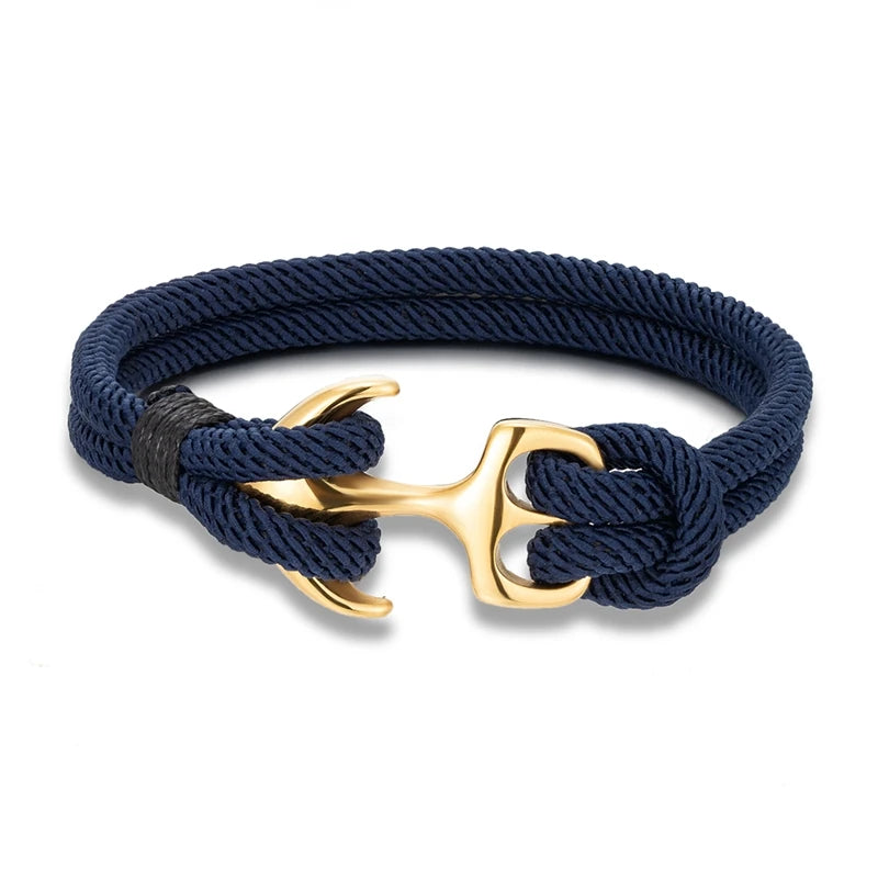 MKENDN 18K Plated Anchor Bracelets Men Double strand Nautical Survival Rope Paracord Bracelet Women Stainless Steel Sport Buckle