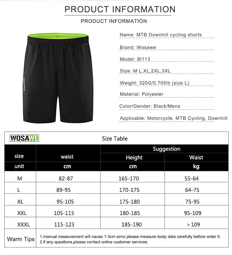 WOSAWE Cycling Shorts Men Gel Padded MTB Shorts Breathable Loose Fit Downhill Bicycle Underwear Mountain Bike Shorts ciclismo