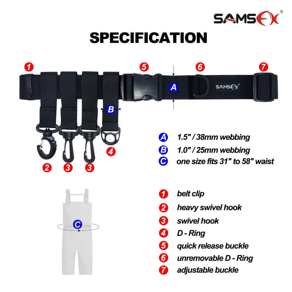 SAMSFX Fishing Wader Belt Wading Belts for Kayak Fishing Accessories Fighting Belt Wader Straps D ring and Hook Fits Waist Belts