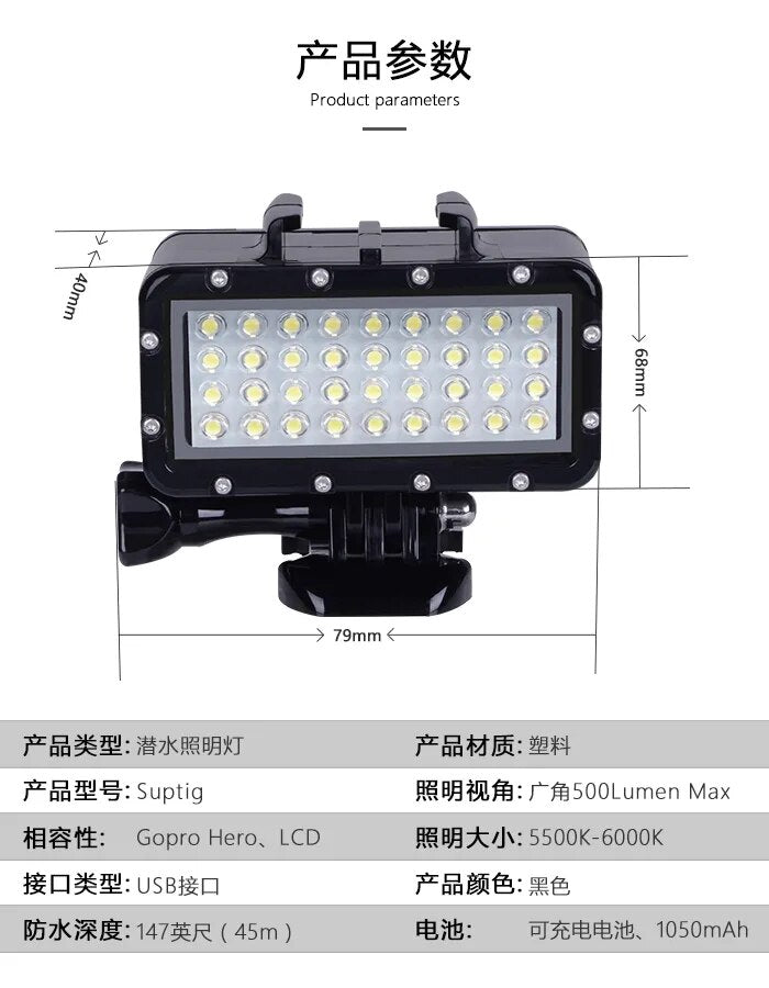 À prova dwaterproof água led luz subaquática lâmpada de mergulho + bateria para gopro hero 9 8 7 5 session4 xiaomi yi mijia 4k sjcam sj89 eken h9 potência