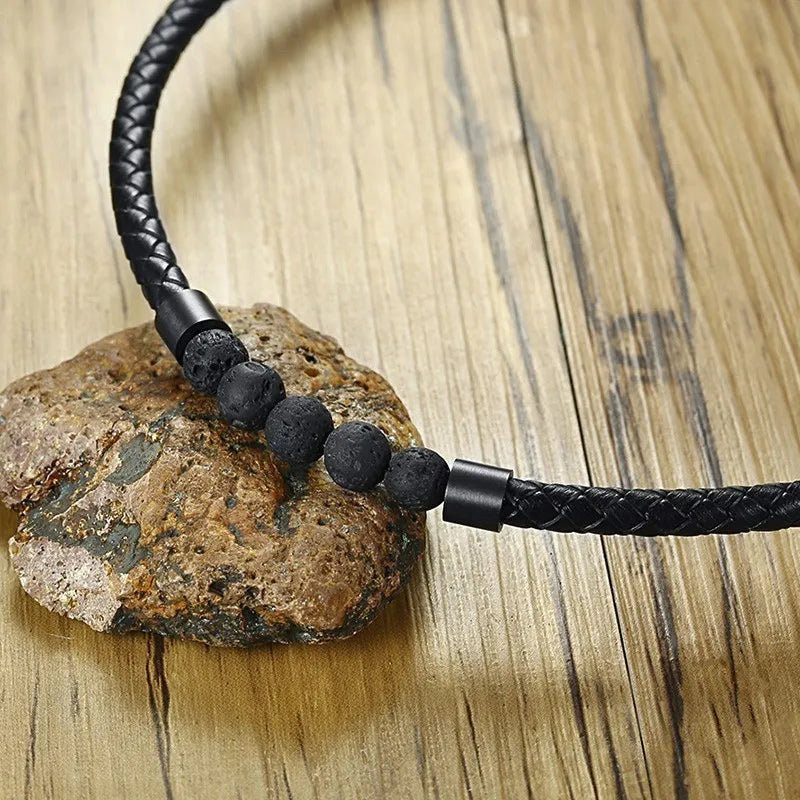 Choker Necklace Men's, Lava Rock Braided Leather Necklaces, Men Boho Hippie Jewelry ,Oil Diffuser Surf Necklaces in Black