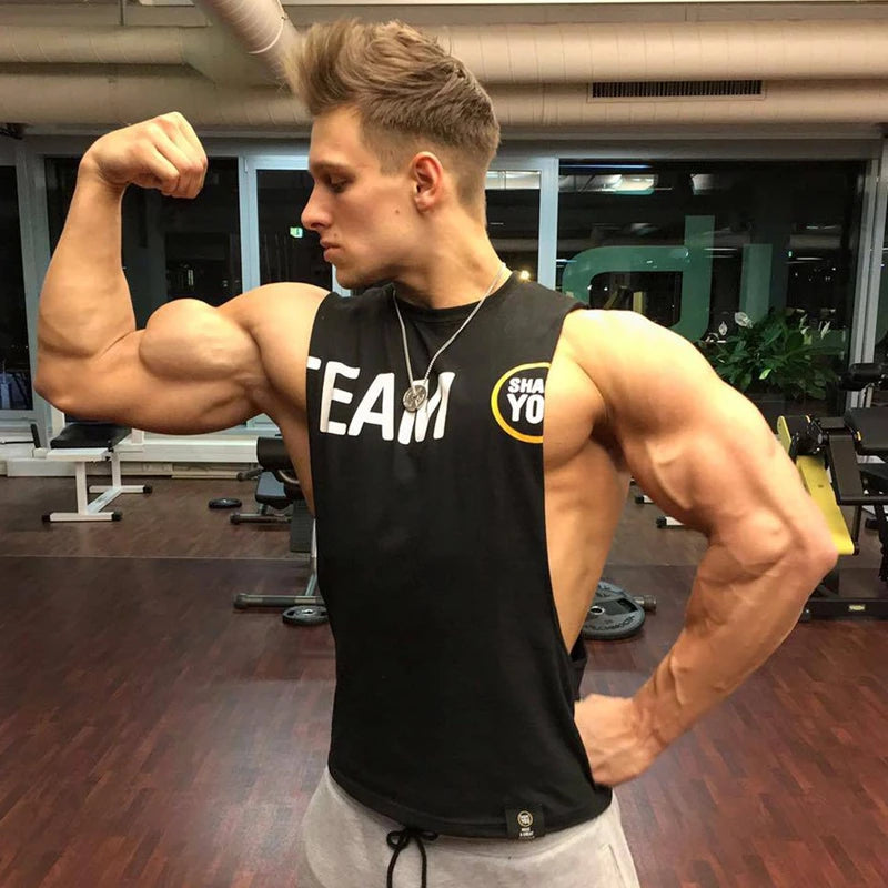 Men Gym Fitness Bodybuilding Cotton Tank Tops Stringer Singlet Vest Clothes Sleeveless Shirts Male Summer Training Undershirt