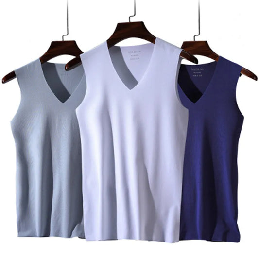 Ice Silk Mens Solid Tank Tops Sexy V Neck Sleeveless Vests Male No Trace Youth Elastic Fitness Casual Bodybuilding Suits