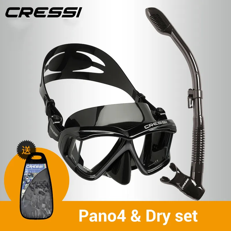 Cressi Diving Swimming Mask Snorkeling Set Scuba Snorkel Silicone Skirt Four-Lens Panoramic for Adults Pano4 Dry