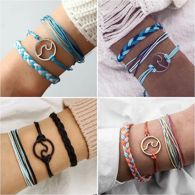 3 pçs/set Bohemian Praia Surf Pulseiras Conjunto Onda Handmade Trançado Pulseira Ajustável Multicamadas Pulseira Mulheres Presente