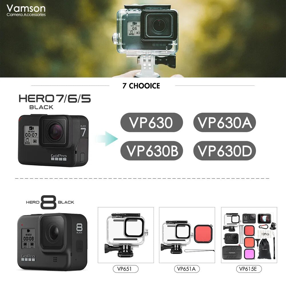 Vamson para gopro hero 8 7 6 5 preto 45m subaquático à prova dwaterproof água caso câmera mergulho habitação montagem para gopro acessório vp630