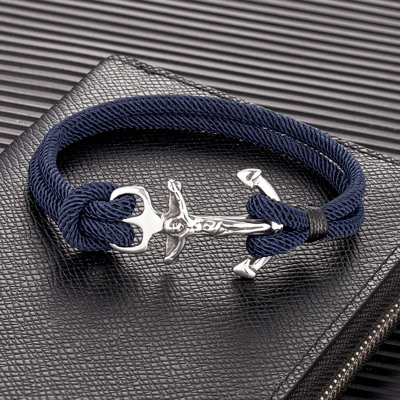 MKENDN Navy Style Anchor Bracelets Men Double Strand Nautical Survival Rope Bracelet For Women Stainless Steel Sport Buckle