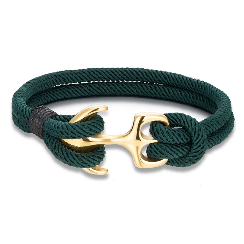 MKENDN 18K Plated Anchor Bracelets Men Double strand Nautical Survival Rope Paracord Bracelet Women Stainless Steel Sport Buckle