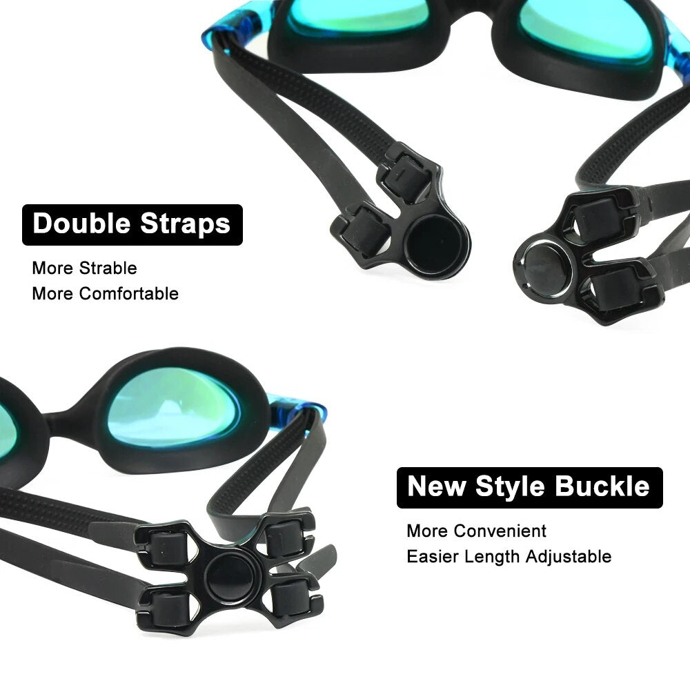 Swimming Goggles Wide Vision Anti-fog Anti-UVA/UVB Indoor Outdoor Sea Diving Pool Swim Glasses with Ear Plugs