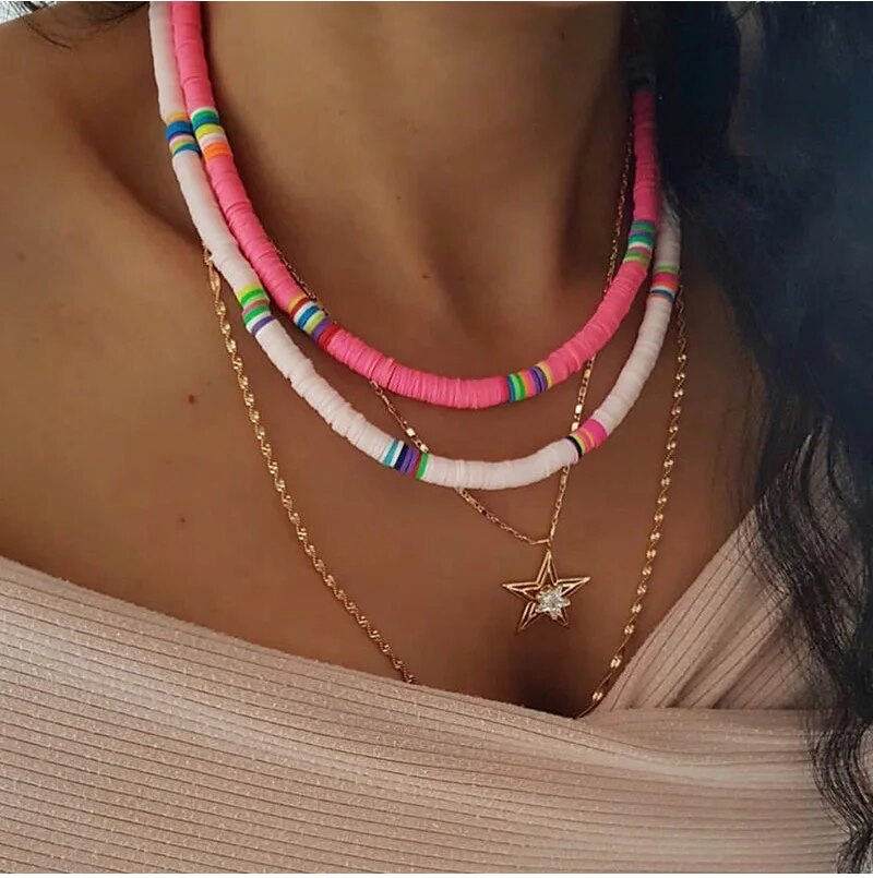 G.YCX Rainbow Color Heishi Necklace Choker Women Men Disc Vinyl Clay Bead Boho Necklace Summer African surf Couple Jewelry