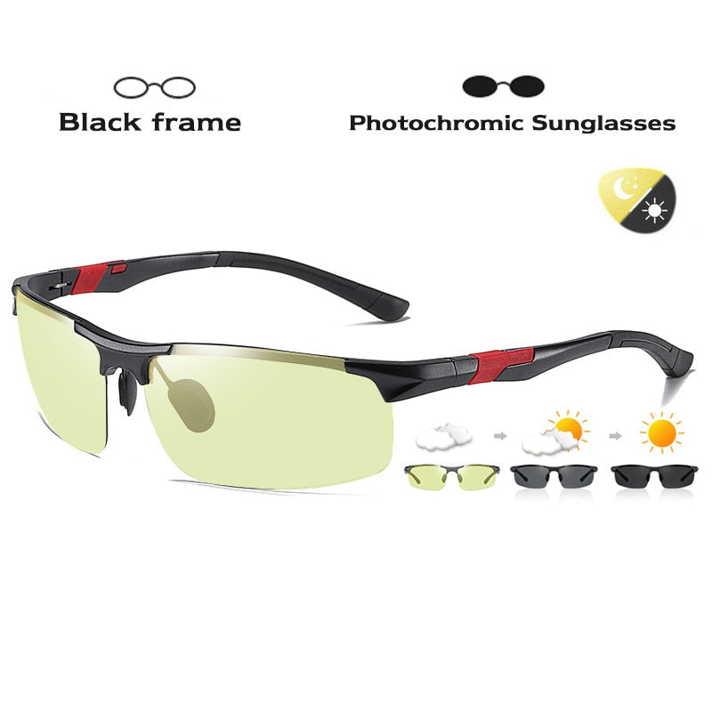 Óculos de sol fotocrômicos polarizados, armação de alumínio e magnésio para condução, óculos de sol masculino com visão diurna e noturna