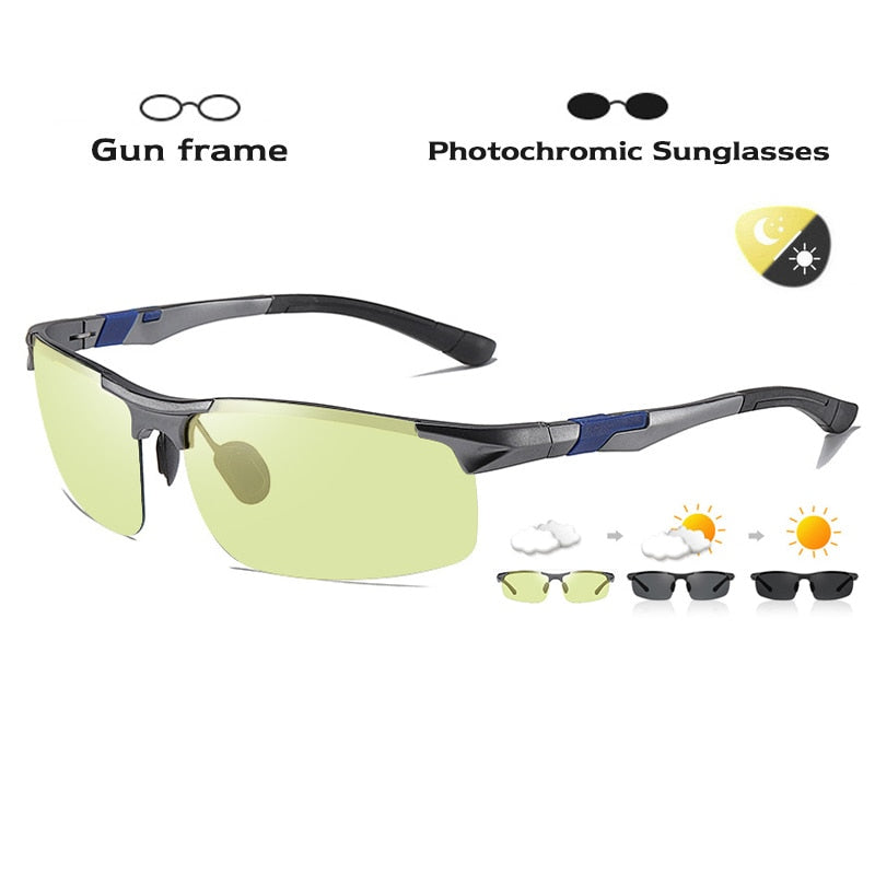 Óculos de sol fotocrômicos polarizados, armação de alumínio e magnésio para condução, óculos de sol masculino com visão diurna e noturna
