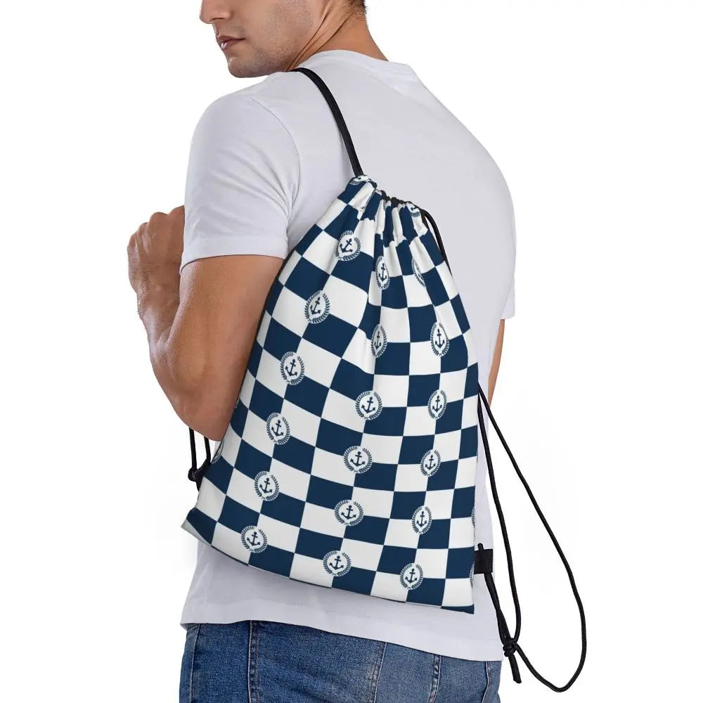 Custom Nautical Navy Anchor Pattern Drawstring Bags Women Men Lightweight Sailing Sailor Sports Gym Storage Backpack