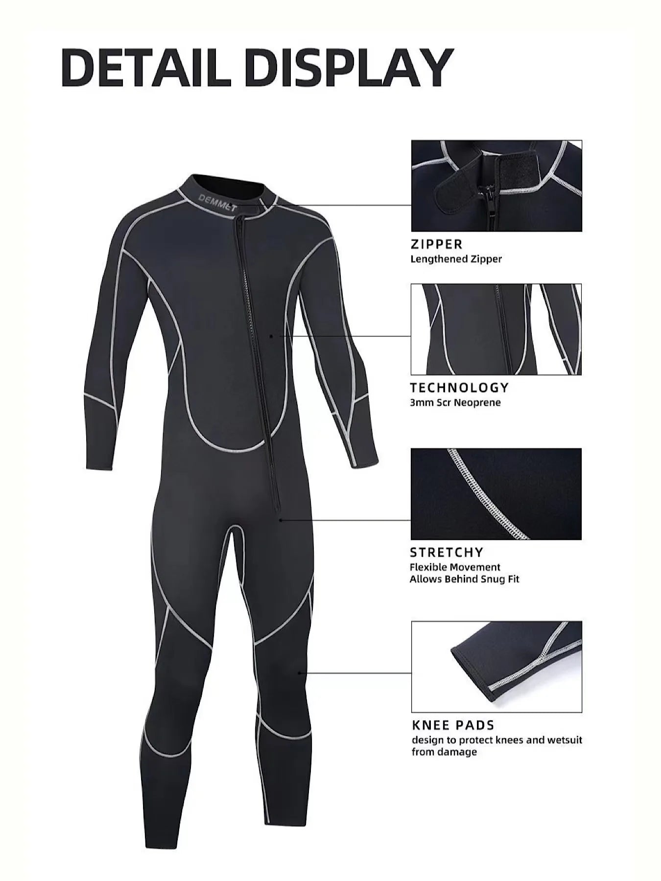 DEMMET 1.5MM Neoprene One-piece Wetsuit Men's Long Sleeves Front Unzipper To Keep Warm And Cold Surf Snorkeling Kayak