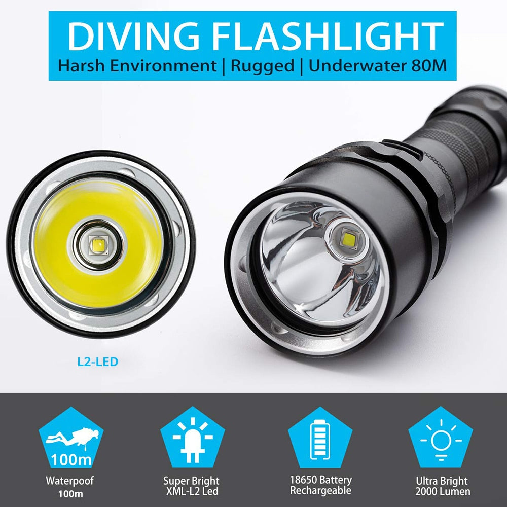 Lanterna de mergulho super brilhante IP68 com classificação à prova d'água mais alta Luz de mergulho profissional alimentada por bateria 18650 com corda de mão