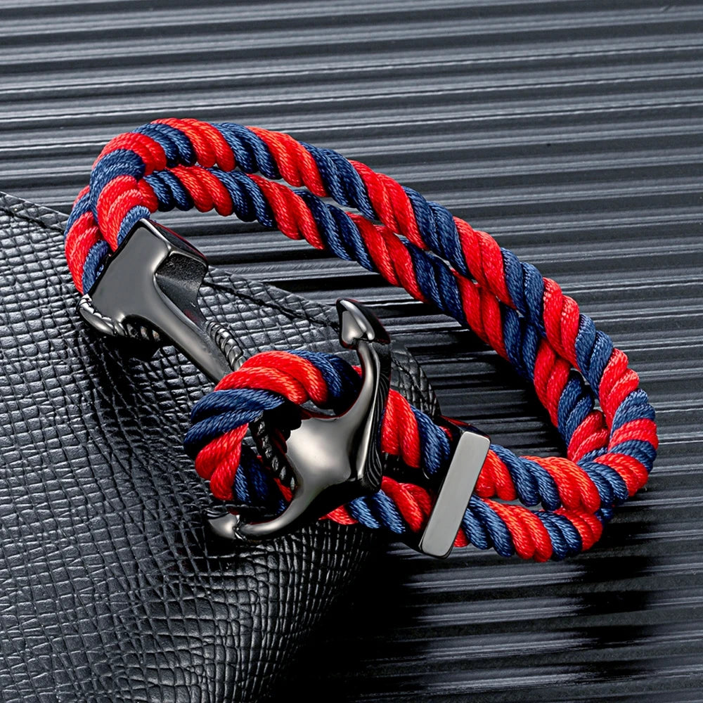 MKENDN Anchor Bracelets Men Double strand Nautical Waterproof Rope Bracelet Women Black Stainless Steel Surfer Sport Buckle