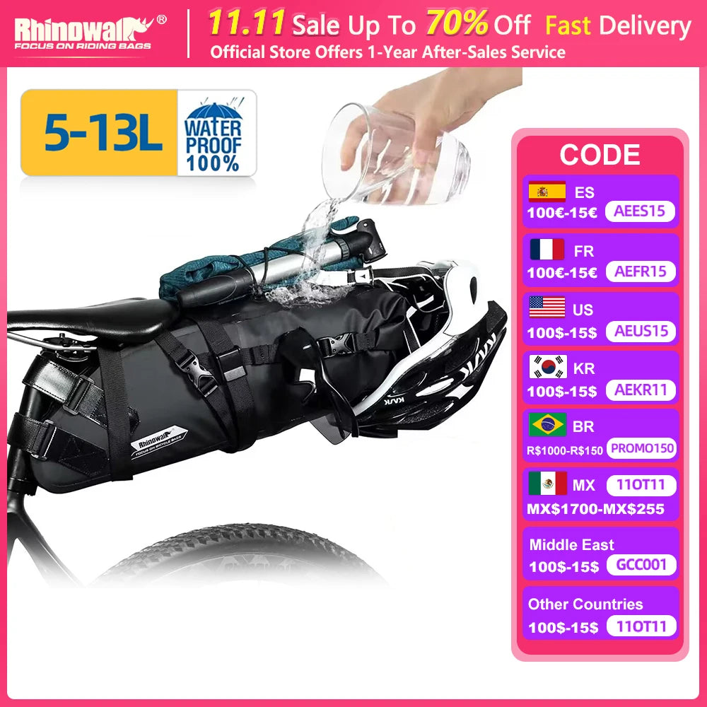 Rhinowalk Bike Waterproof Bicycle Saddle Bag Reflective Large Capacity Foldable Tail Rear Bag Cycling MTB Trunk Pannier Black