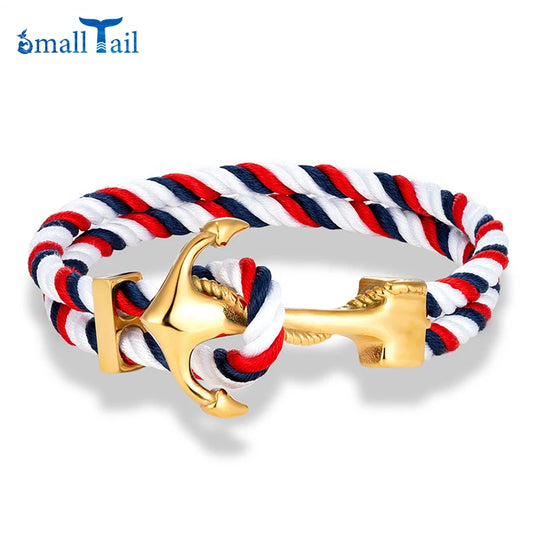 Charm Men Gold Plated Anchor Bracelets Double Strand Nautical Rope Bracelet For Women Stainless Steel Surfer Sport Accessories