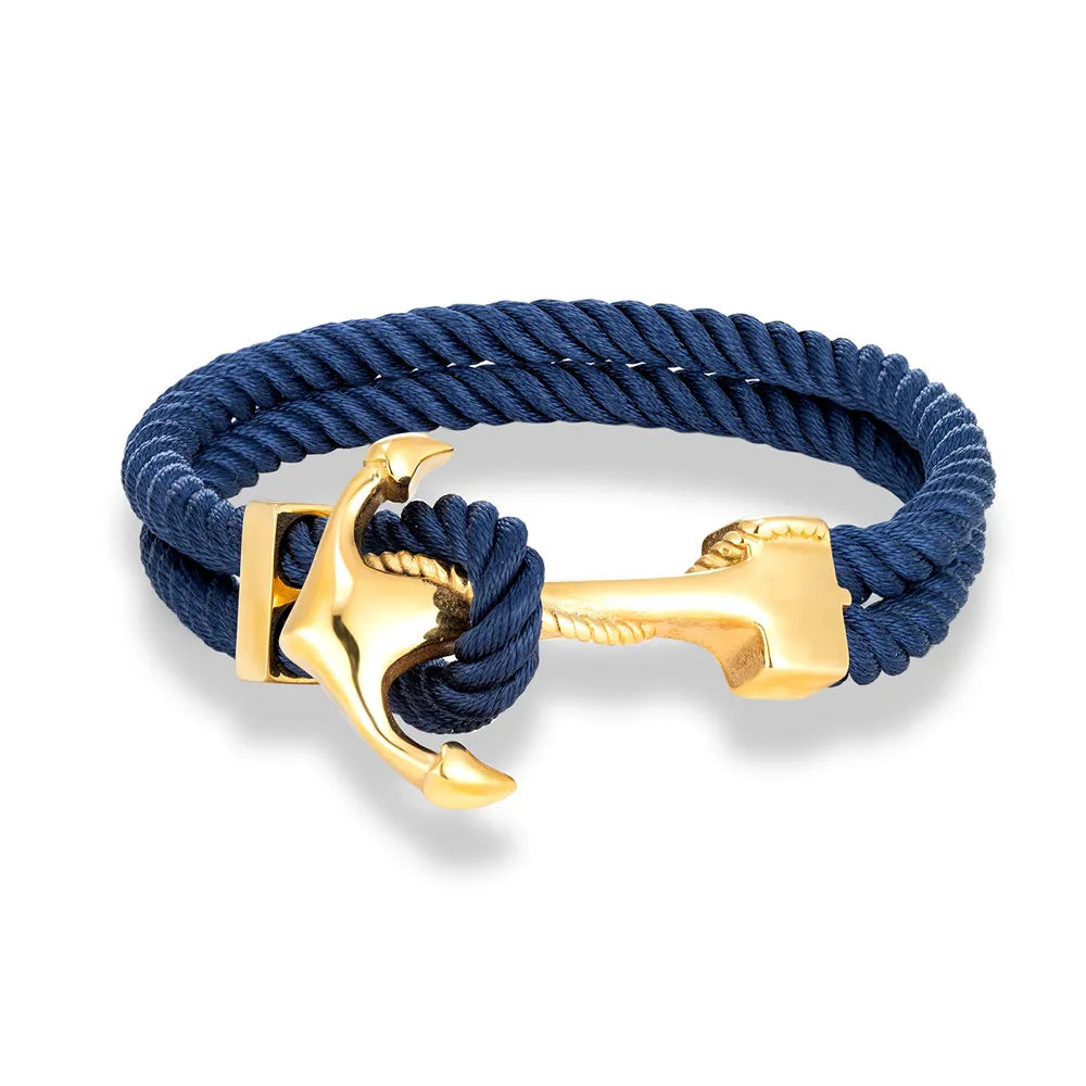 Charm Men Gold Plated Anchor Bracelets Double Strand Nautical Rope Bracelet For Women Stainless Steel Surfer Sport Accessories