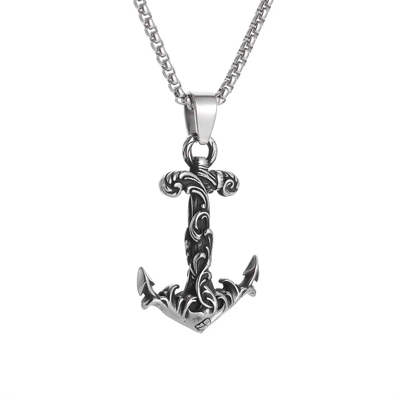 New Arrival Anchor Pattern Wave Necklace Retro Navy Nautical Pirate Pendant Stainless Steel Anchor Chain Men's Sports Jewelry