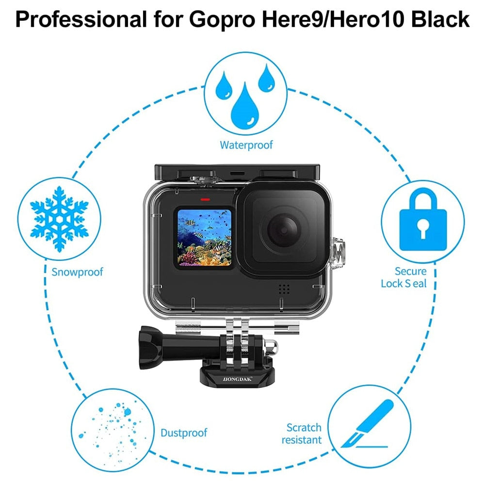 Gopro hero 11 10 9 capa preta à prova d'água 60m habitação proteção de mergulho para go pro 9 10 gopro9 acessórios de capa de mergulho subaquático