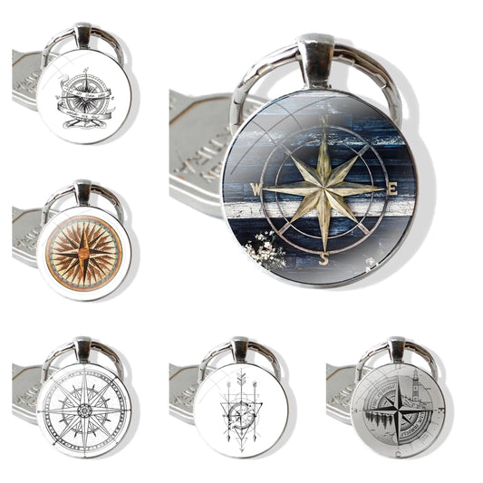 Vintage Nautical Compass Painting Patterns Keychain Handmade Glass Cabochon Key Ring Holder Pendant Key Chains