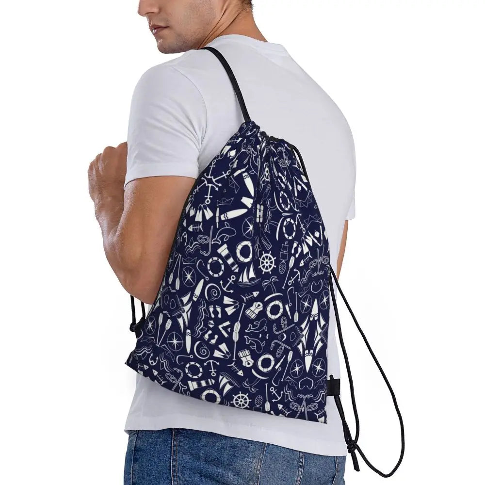 Custom Nautical Navy Anchor Pattern Drawstring Bags Women Men Lightweight Sailing Sailor Sports Gym Storage Backpack