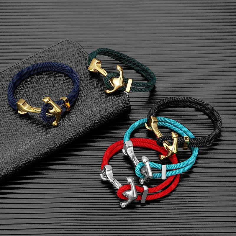 MKENDN Gold Plated Anchor Bracelet Men Charm Nautical Survival Rope Chain Paracord Bracelet Male Wrap Metal Sport Hooks