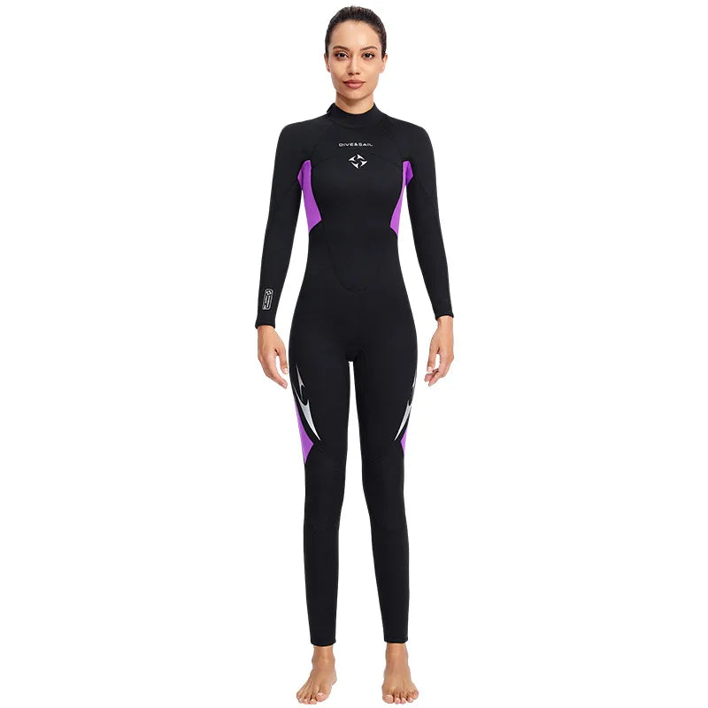 3mm Neoprene Black Splicing Wetsuit Men's Women's Long Back Zipper Surf One-piece Swimming Couple Suit Underwater Warm Suit