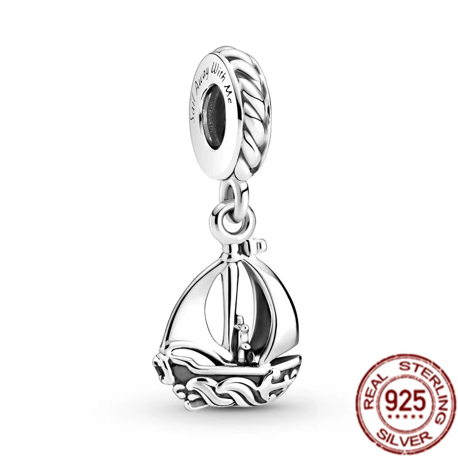 925 prata esterlina lnterlocking corações e barco a vela balançar charme contas caber original pandora pulseira colar diy jóias presente