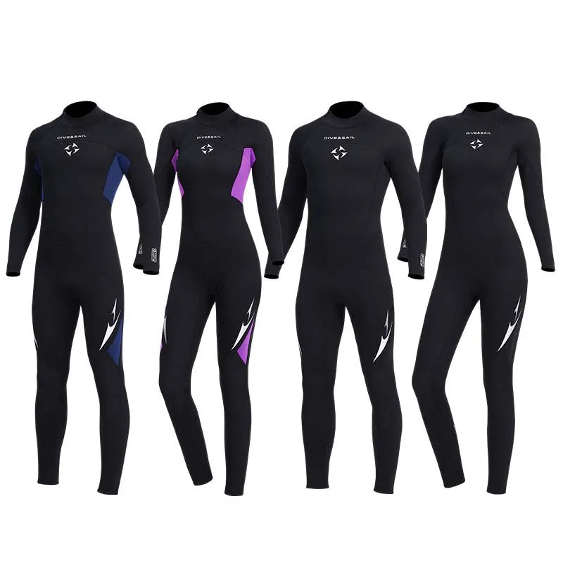 3mm Neoprene Black Splicing Wetsuit Men's Women's Long Back Zipper Surf One-piece Swimming Couple Suit Underwater Warm Suit