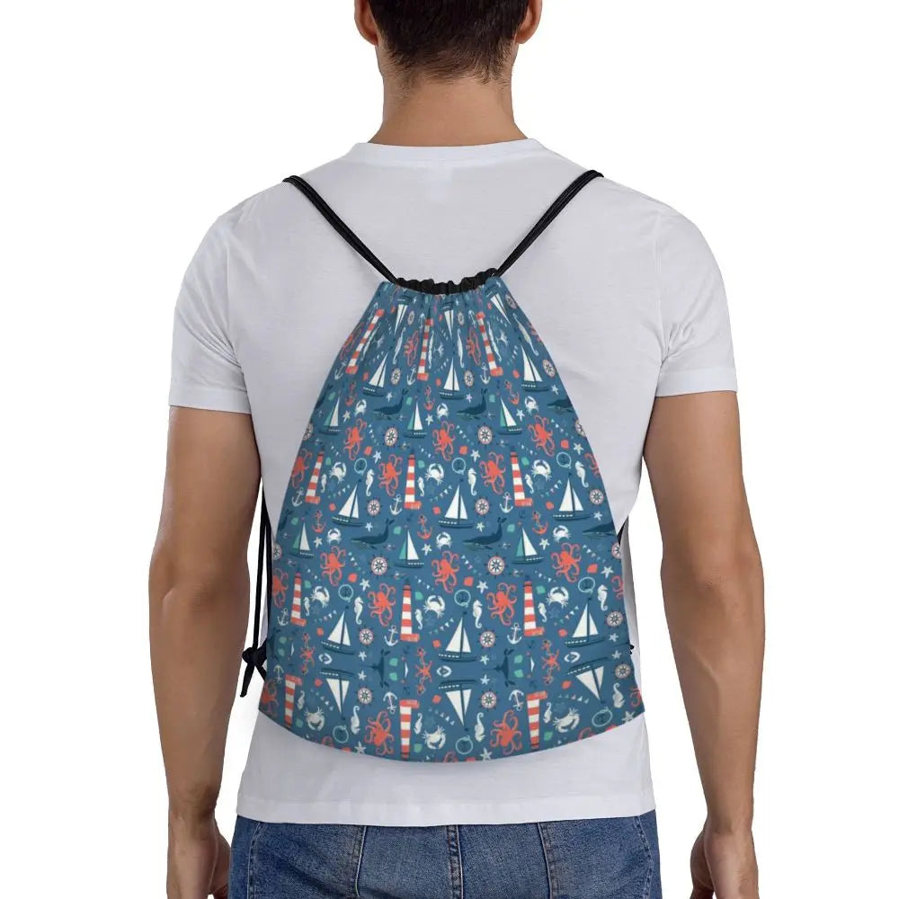 Custom Nautical Adventure Ocean Living Drawstring Bag  Yoga Backpacks Men Women Sailing Sailor Sailboats Sports Gym Sackpack