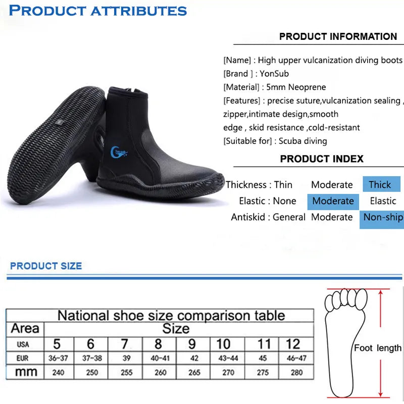 YONSUB 5MM Neoprene Scuba Vulcanization High Upper Diving Boots Anti-slip Adult Diving Boots Warm Fins Spearfishing Shoes