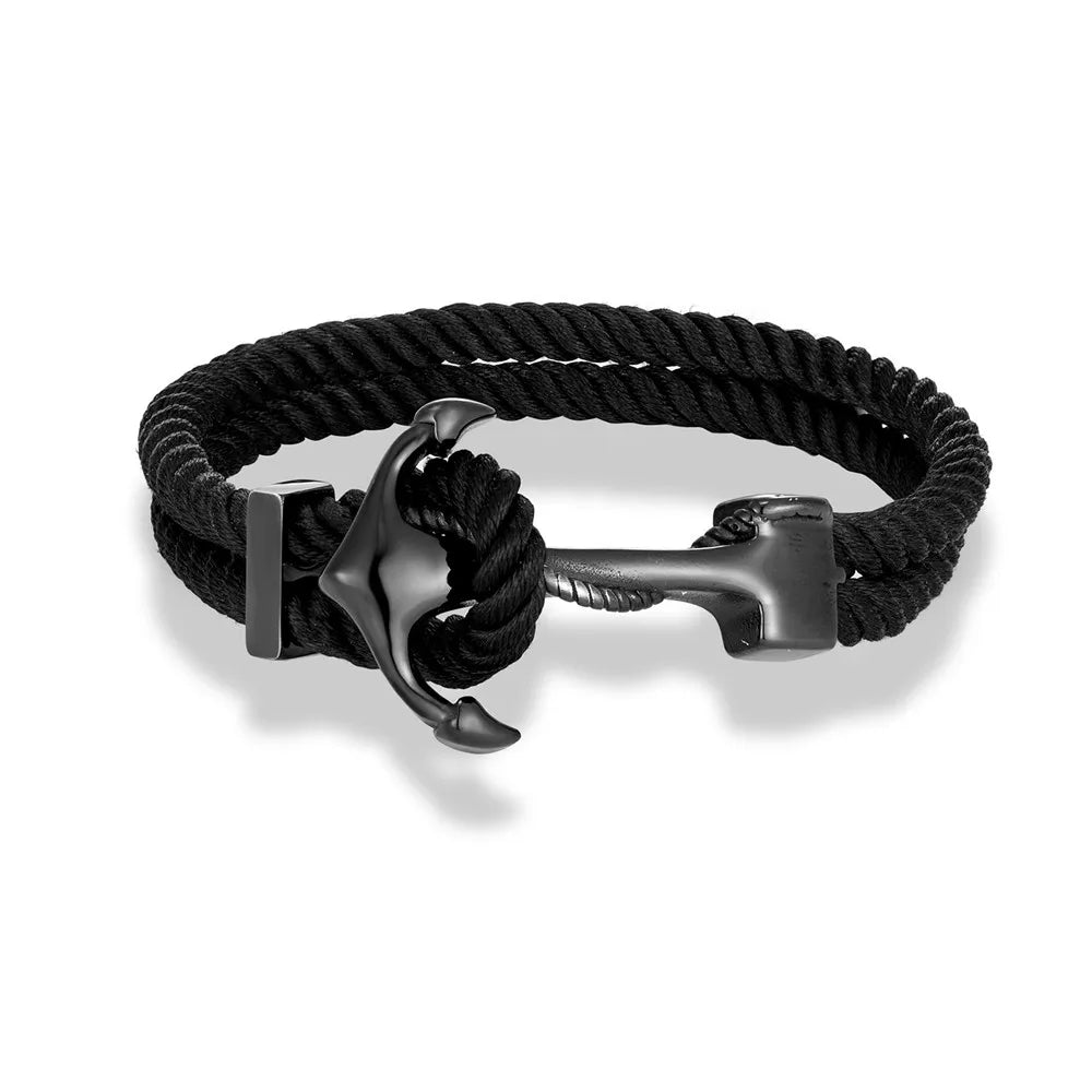 MKENDN Anchor Bracelets Men Double strand Nautical Waterproof Rope Bracelet Women Black Stainless Steel Surfer Sport Buckle