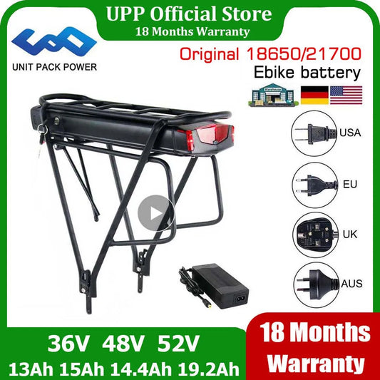 Original 21700 Rear Rack eBike Battery 36V 19.2Ah 13Ah 48V 52V 14.4Ah 15Ah 17.5Ah 18650 Electirc Bicycle Bateria for 250W-1000W