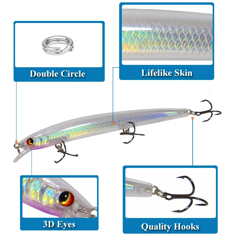 Best Selling 10pcs 130mm 15.4g Big Long Fish Minnow Sea Fishing Lure Bait 3D Eyes Strong Hooks Lures for Sea Fishing