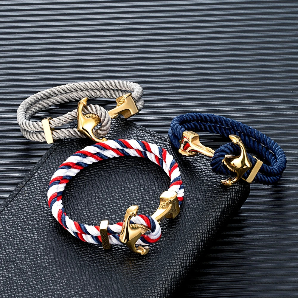 Charm Men Gold Plated Anchor Bracelets Double Strand Nautical Rope Bracelet For Women Stainless Steel Surfer Sport Accessories