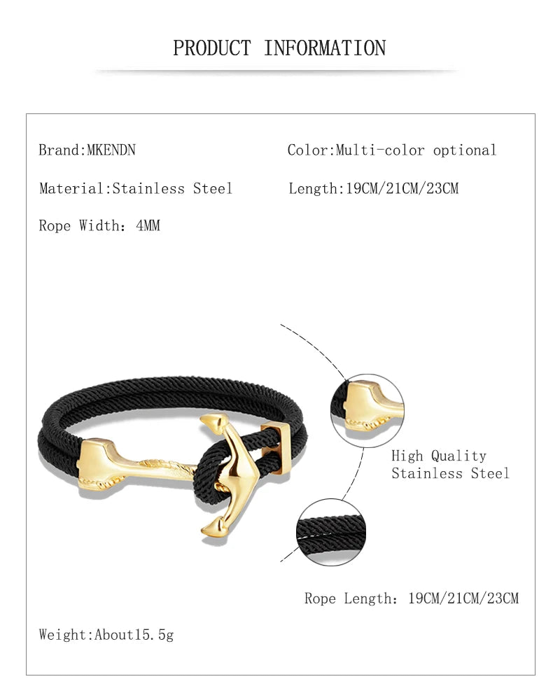 MKENDN Gold Plated Anchor Bracelet Men Charm Nautical Survival Rope Chain Paracord Bracelet Male Wrap Metal Sport Hooks