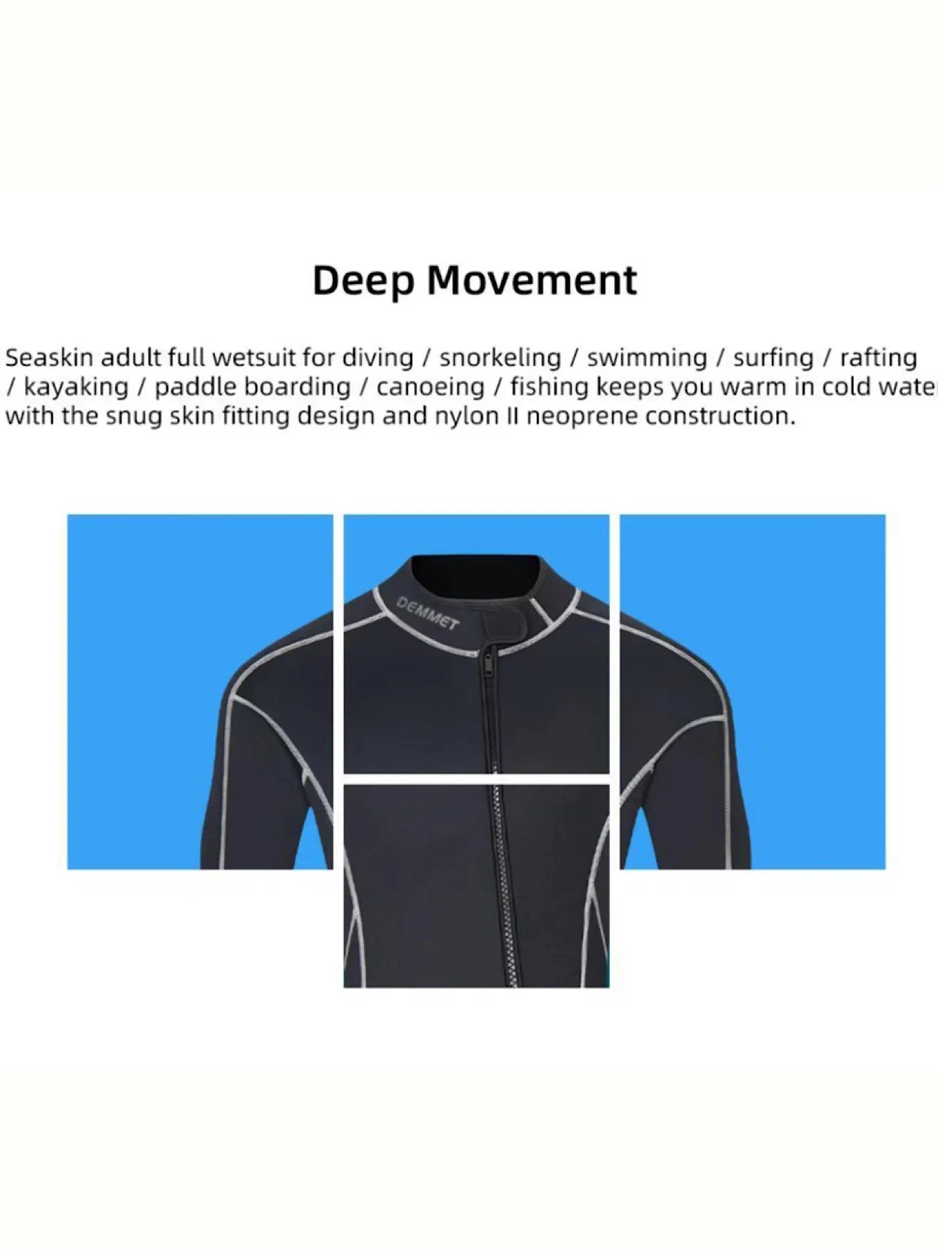 DEMMET 1.5MM Neoprene One-piece Wetsuit Men's Long Sleeves Front Unzipper To Keep Warm And Cold Surf Snorkeling Kayak