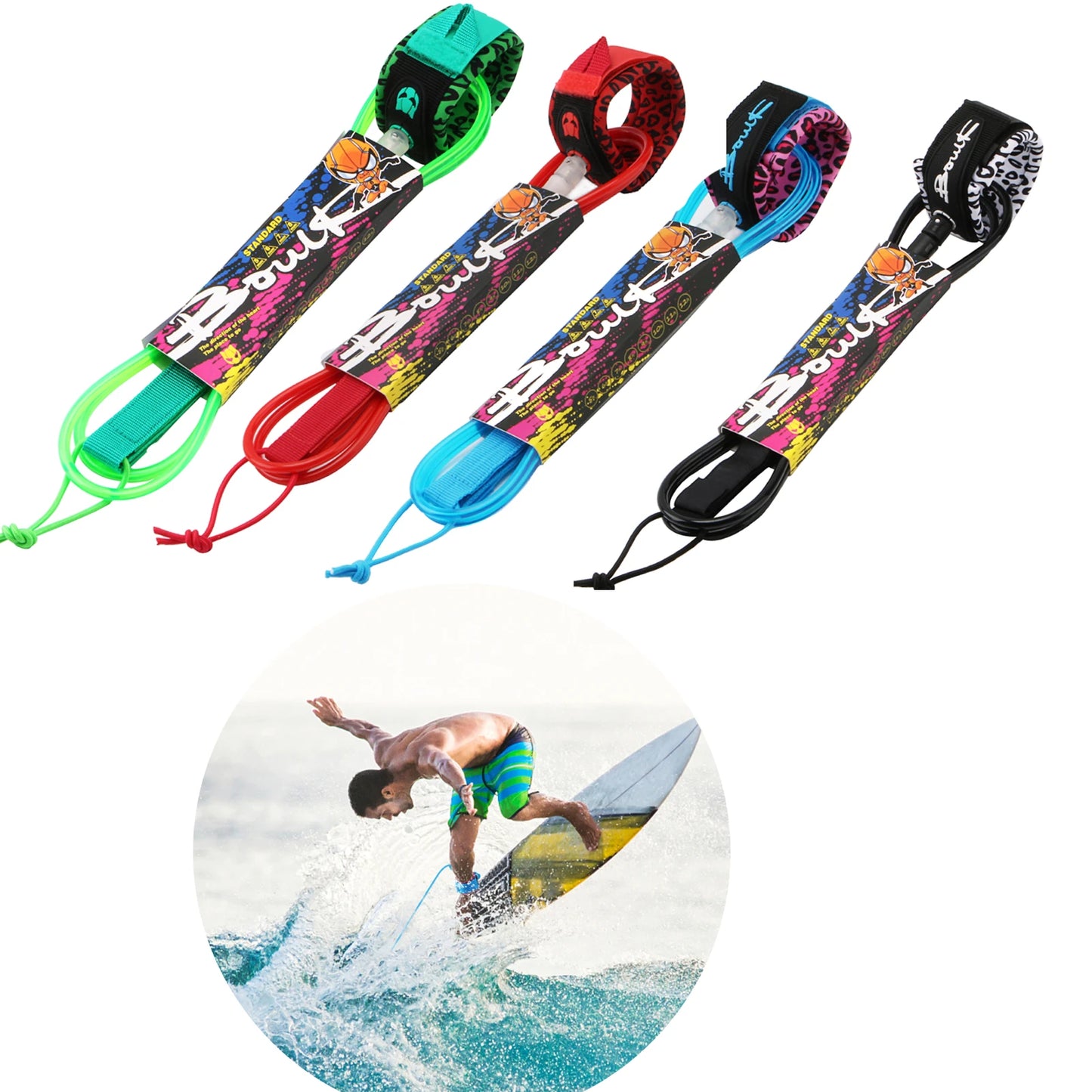Surf Leash Surfboard Foot Leash TPU Stainless Swivels 7mm Thick 6ft/8ft Longboard Foot Rope Surfboard Leash Surf Leg Rope