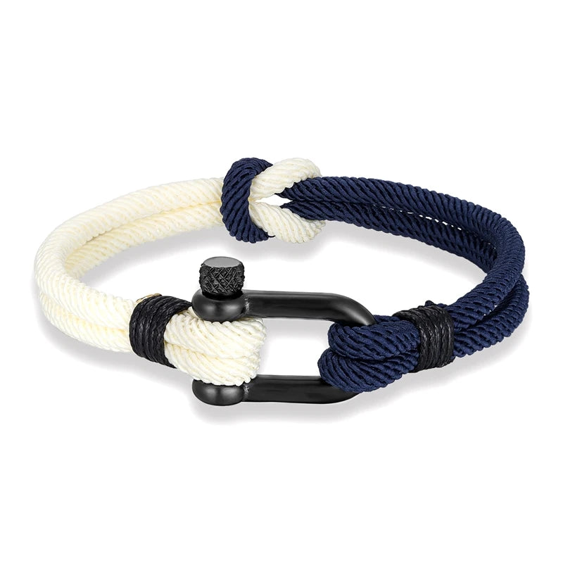 MKENDN Two-Toned Knot Nautical Rope Bracelet Men Women Outdoor Surfer Bracelet Black Stainless Steel U-shape Shackle Buckle