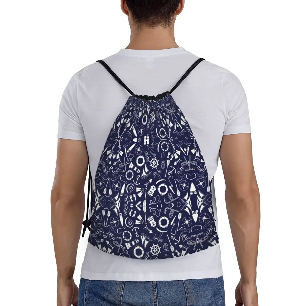 Custom Nautical Navy Anchor Pattern Drawstring Bags Women Men Lightweight Sailing Sailor Sports Gym Storage Backpack