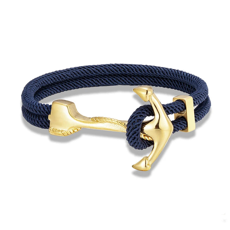 MKENDN Gold Plated Anchor Bracelet Men Charm Nautical Survival Rope Chain Paracord Bracelet Male Wrap Metal Sport Hooks