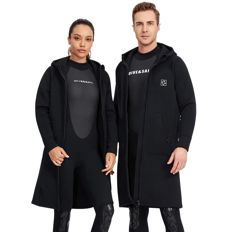 3mm Men's and Women's All-in-one Diving Long Trench Coat Waterproof Cold Proof Sun Proof Hooded Diving Jacket Neoprene Surf